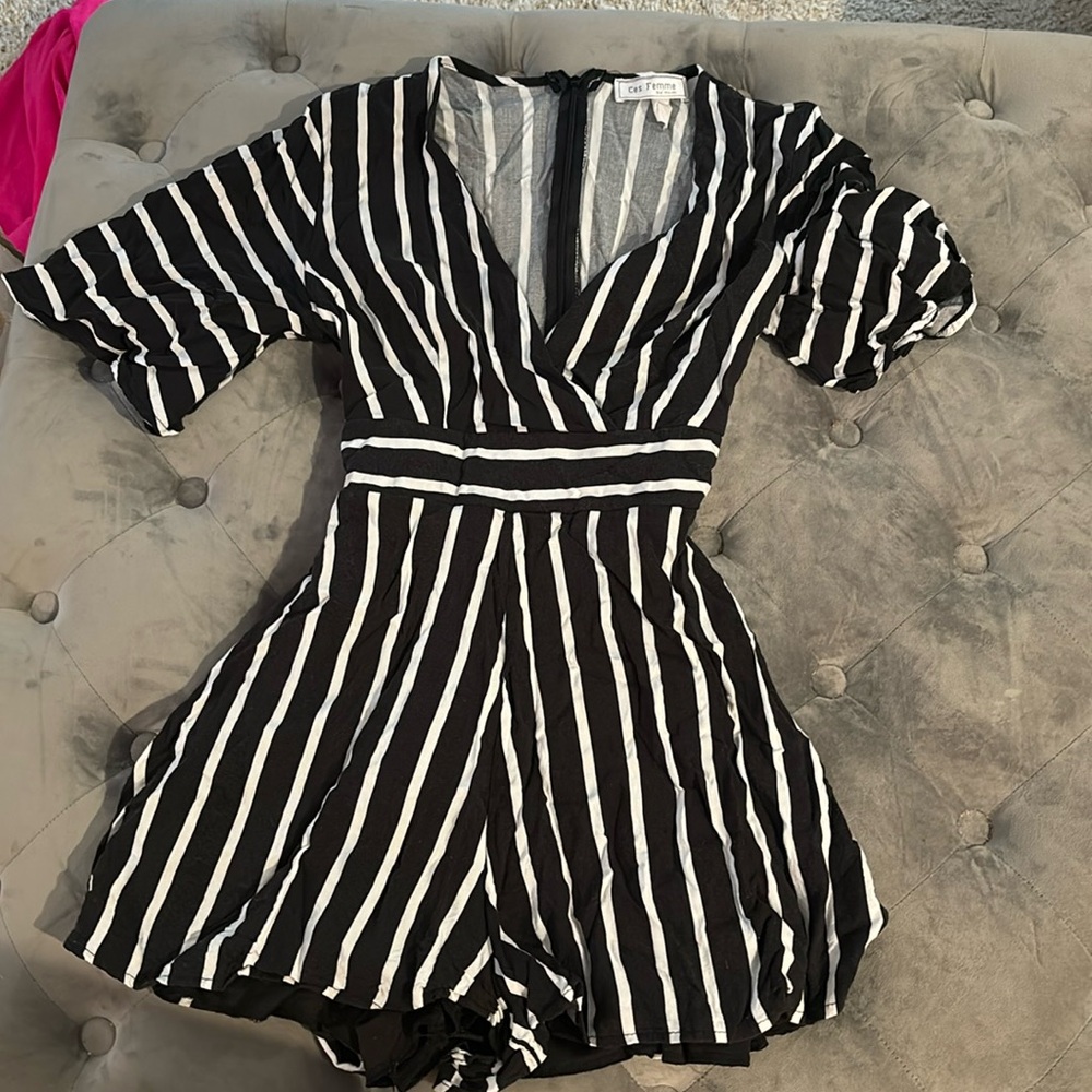 CES FEMME Small Black and White Stripe Tie Romper